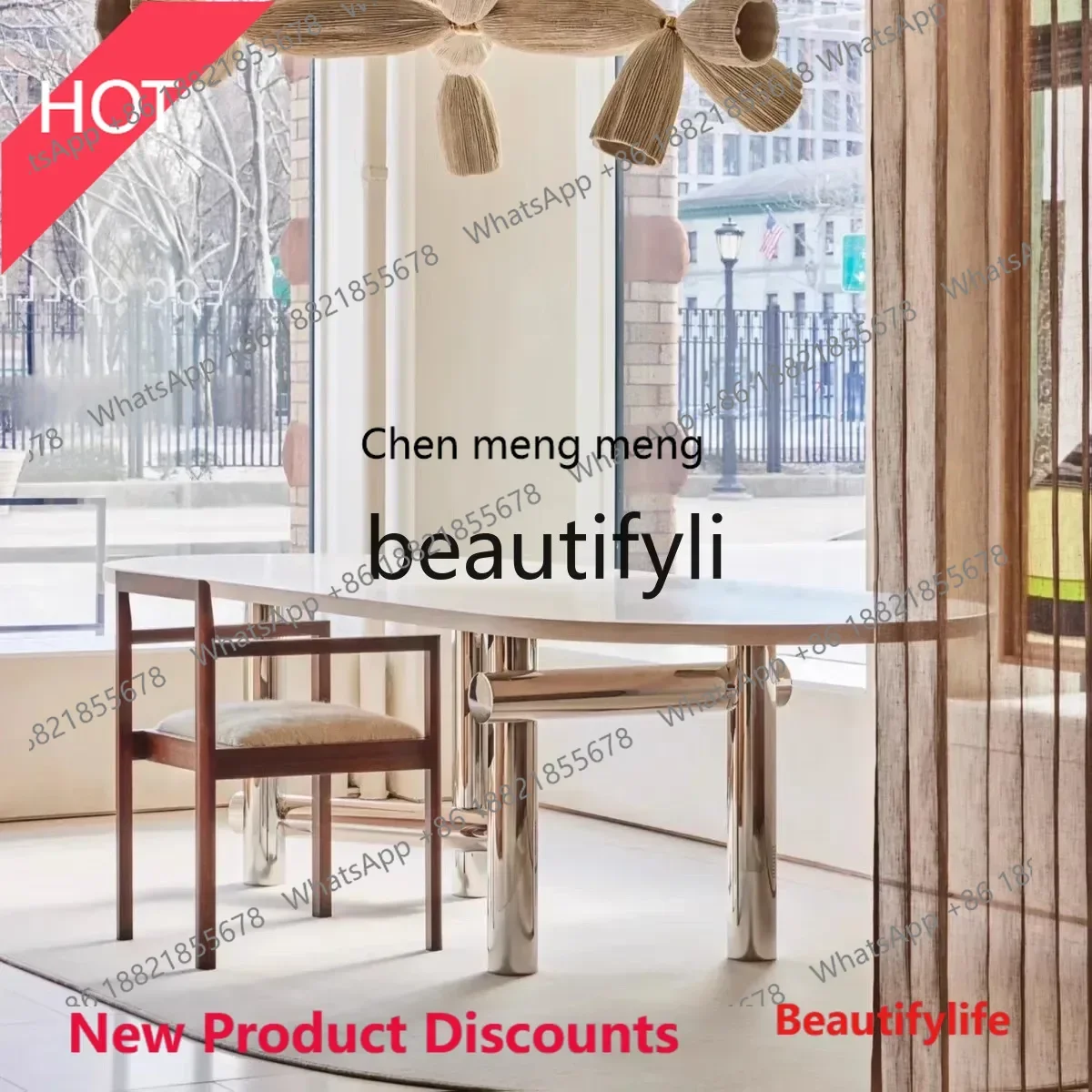 

lhy E1001 ssL178 French light luxury all solid wood dining table designer simple stainless steel oval negotiation long desk