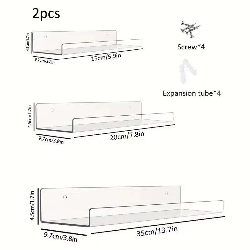 2pc Clear Acrylic Storage Rack Wall Mounted Book Floating Shelf Makeup Display Stand Holder Bathroom Kitchen Organizer