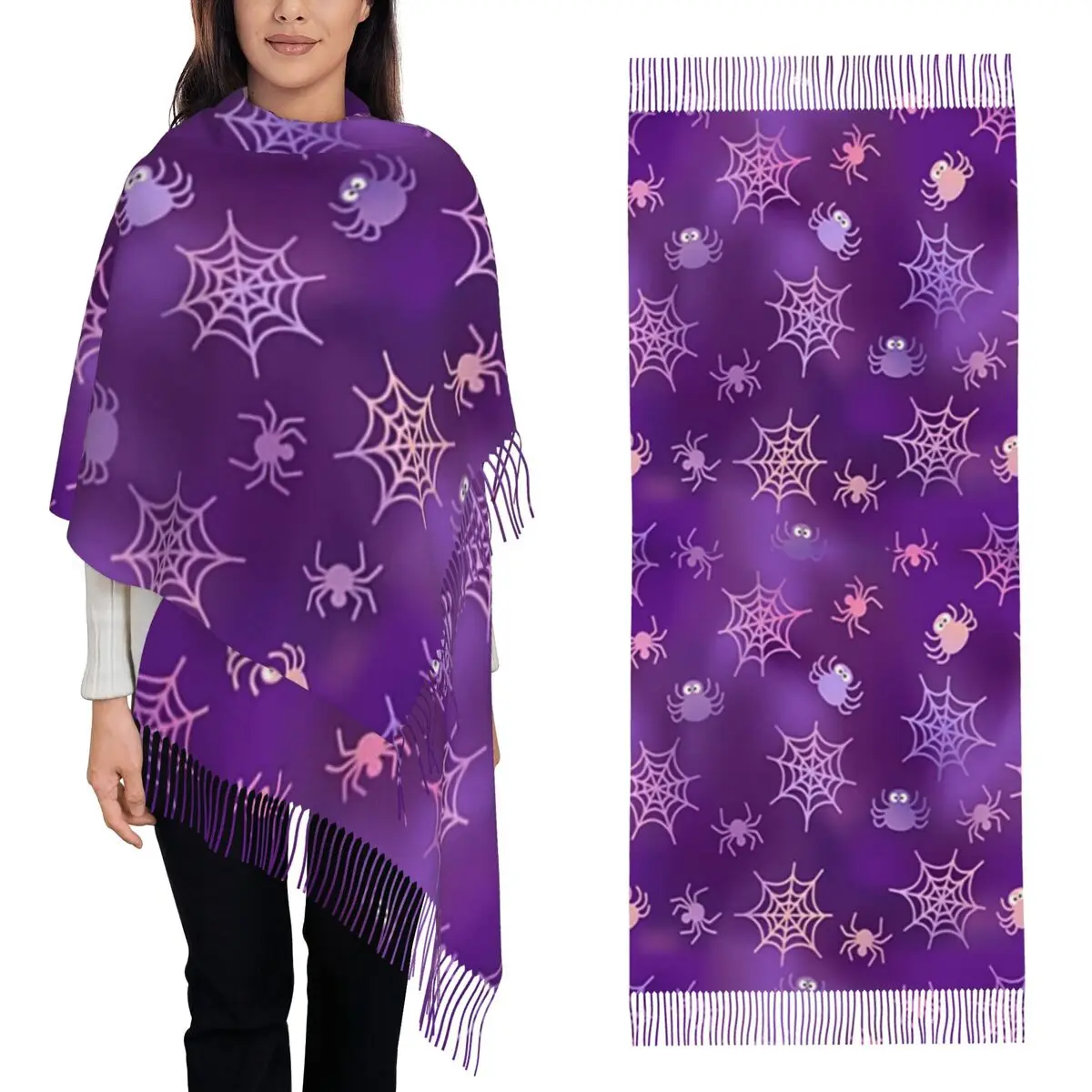 

Halloween Black Cat Spider Gothic Witch Scarf Tassel Scarves for Women Soft Warm Shawls and Wraps Large Fall Winter Shawl Wrap