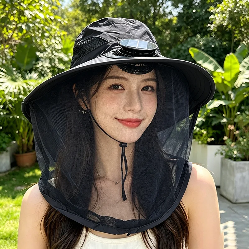 Solar Fan Sun Hat Mosquito Net Face Shield UV Protection Wide Brim Bucket Hat Cooling Outdoor Fishing Gardening Camping Cap