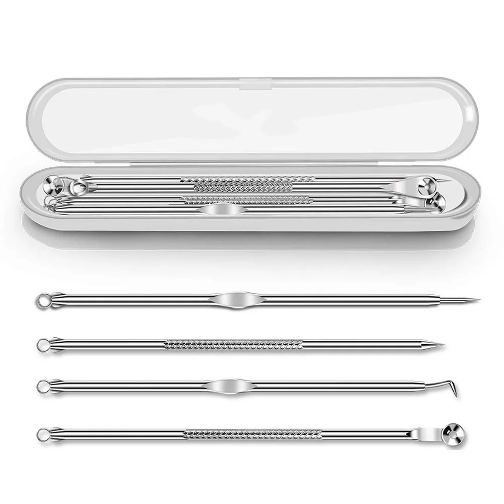 Dighealth 4Pcs Rvs Comedondrukker Extractie Puistje Comedo Acne Extractor Whitehead Smet Popper Kit