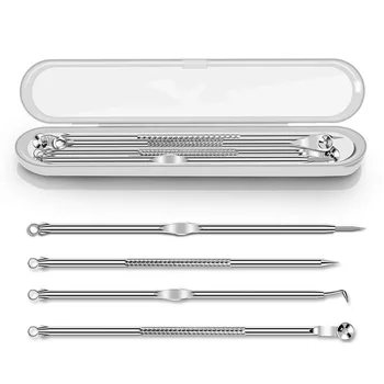 Dighealth 4PCS Rvs Comedondrukker Extractie Puistje Comedo Acne Extractor Whitehead Smet Popper Kit