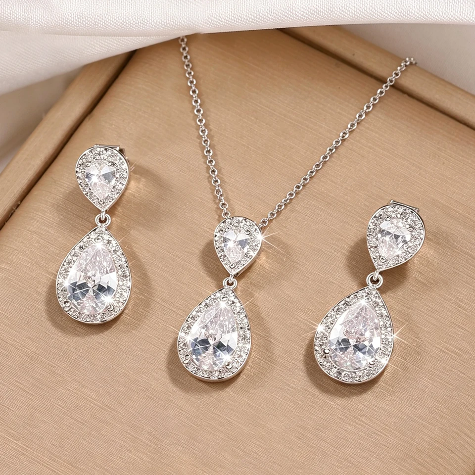 ZAKOL Classic Big Water Drop AAA Cz Zirconia Dangle Earrings Necklace Sets for Women Engagement Wedding Party Jewelry Gift