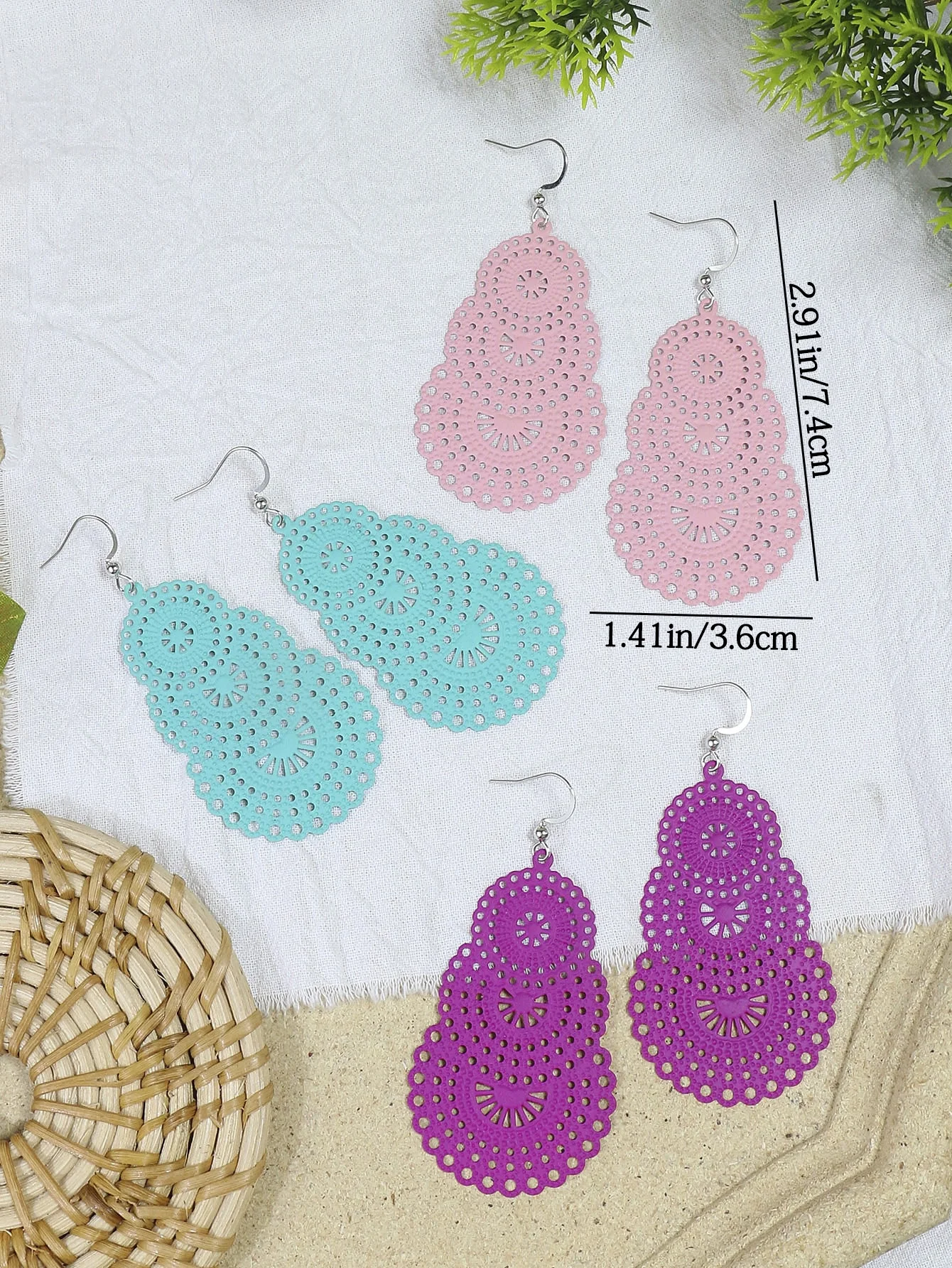 3 Pairs الملونة هندسية الجوف إسقاط أقراط للنساء عطلة البوهيمي المجوهرات التي يرجع تاريخها هدية