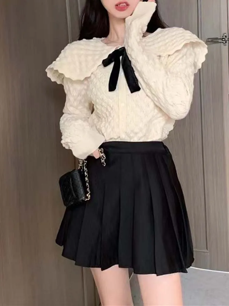 Fashion Doll collar Women Cardigan With bow tie Women 2020 Autumn Winter Long sleeve Female Slim tops Short Sweater INKEO 9O045