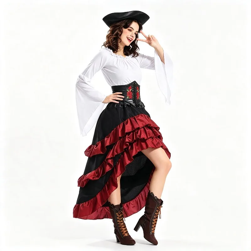Vestido Largo para Mujer, Conjunto de Accesorios para Disfraz, Disfraz de Pirata Vintage para Halloween, Baile de Disfraces, Actuación en Escenario
