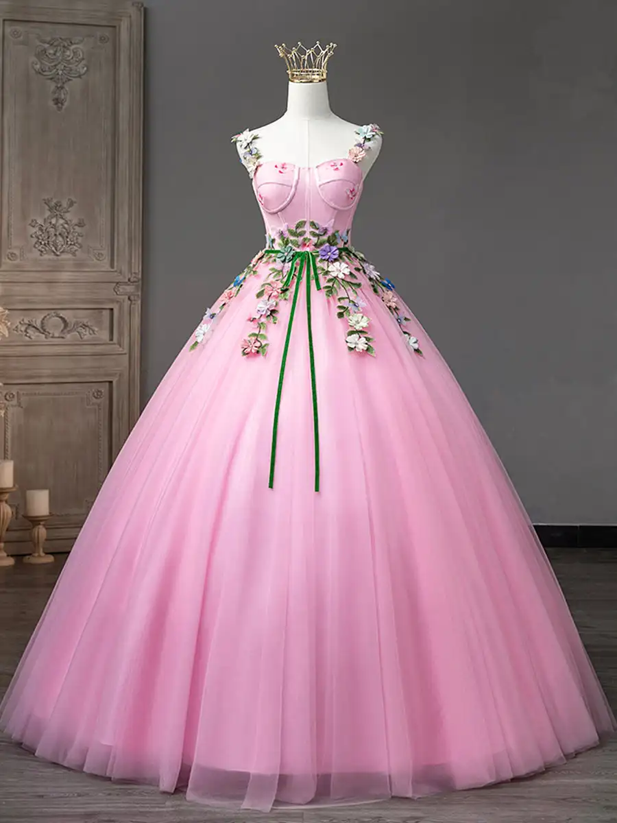 custom Cute Pink Embroidered Flower Appliques Tulle Wedding Dress  Birthday Party Ball Gown Quinceanera Dresses Vestidos