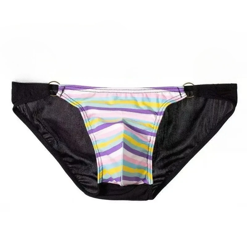 Men's Milk Silk Rainbow Stripe Briefs Low Waist Metal O-ring Adjustable Side Straps Hip Hugging 3D U Convex Pouch Sexy Underwear