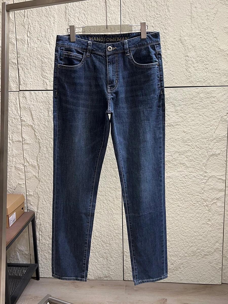 

Мужские комфортные дышащие эластичные джинсы прямого кроя из шелковой ткани серии H для весны и лета, прямые брюки-трубы