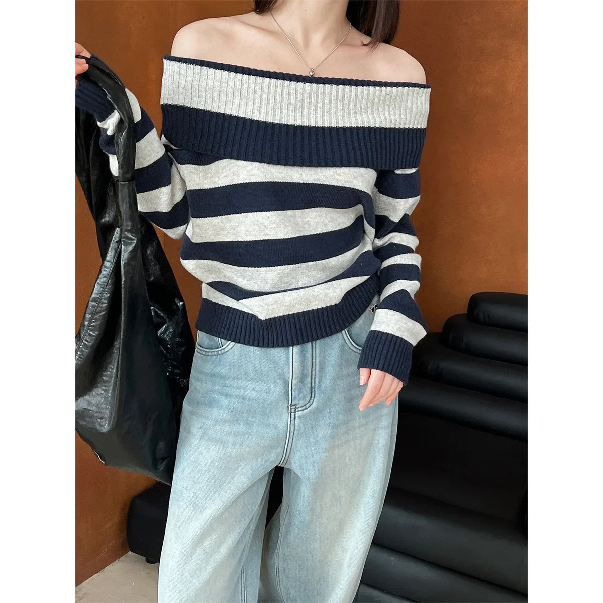 

LangMao Off Shoulder Black White Striped Sweater For Women Spring Color Blocked One Necked Striped Knit Sweater