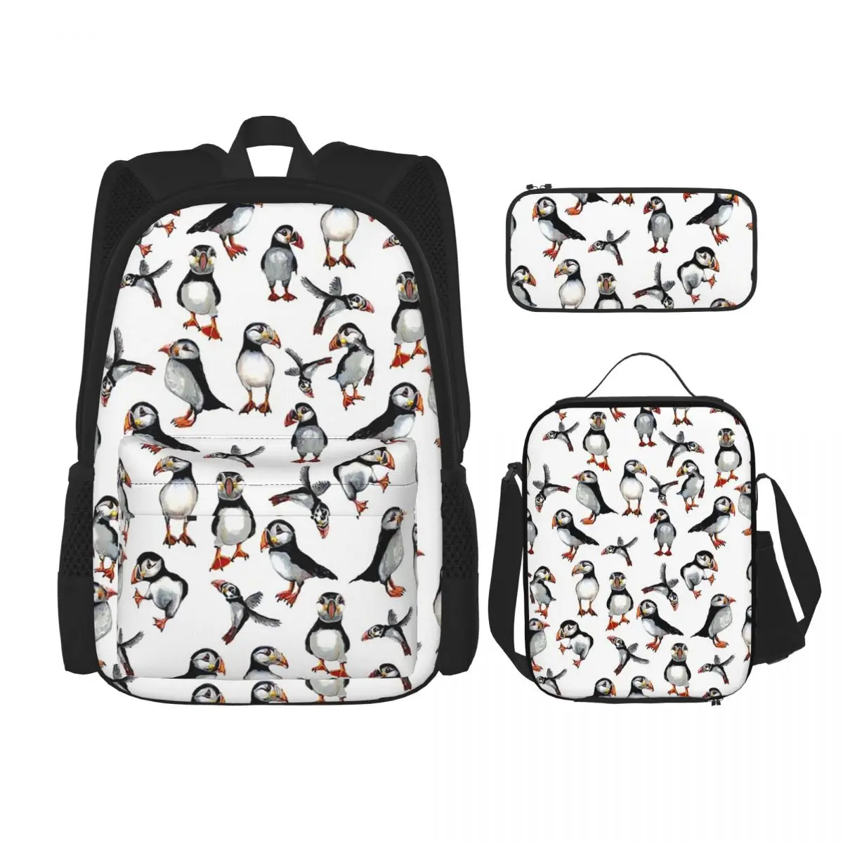 

Puffins Pattern Backpacks Boys Girls Bookbag Students School Bags Kids Rucksack Lunch Bag Pen Bag Three-Piece Set