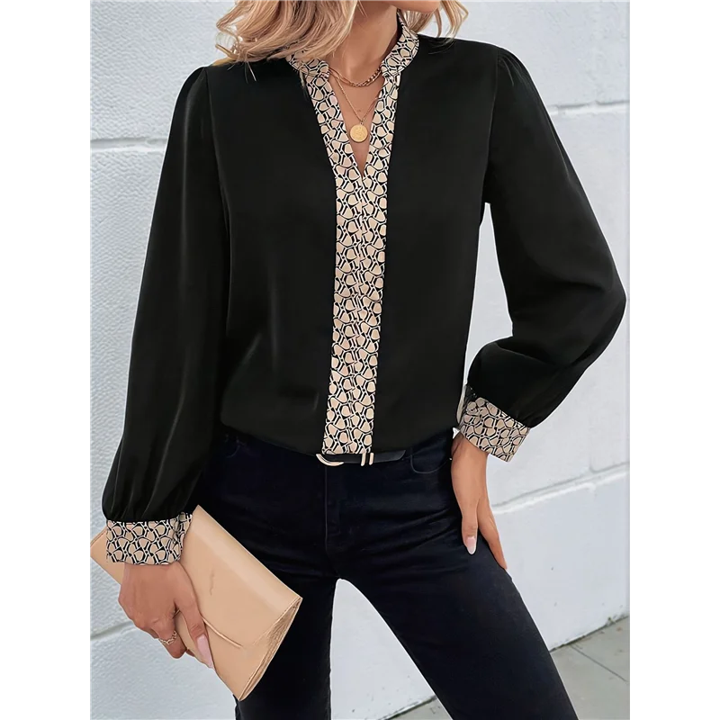 ABP-Damesblouse met lange mouwen V-hals Tops Werk Business Casual shirts