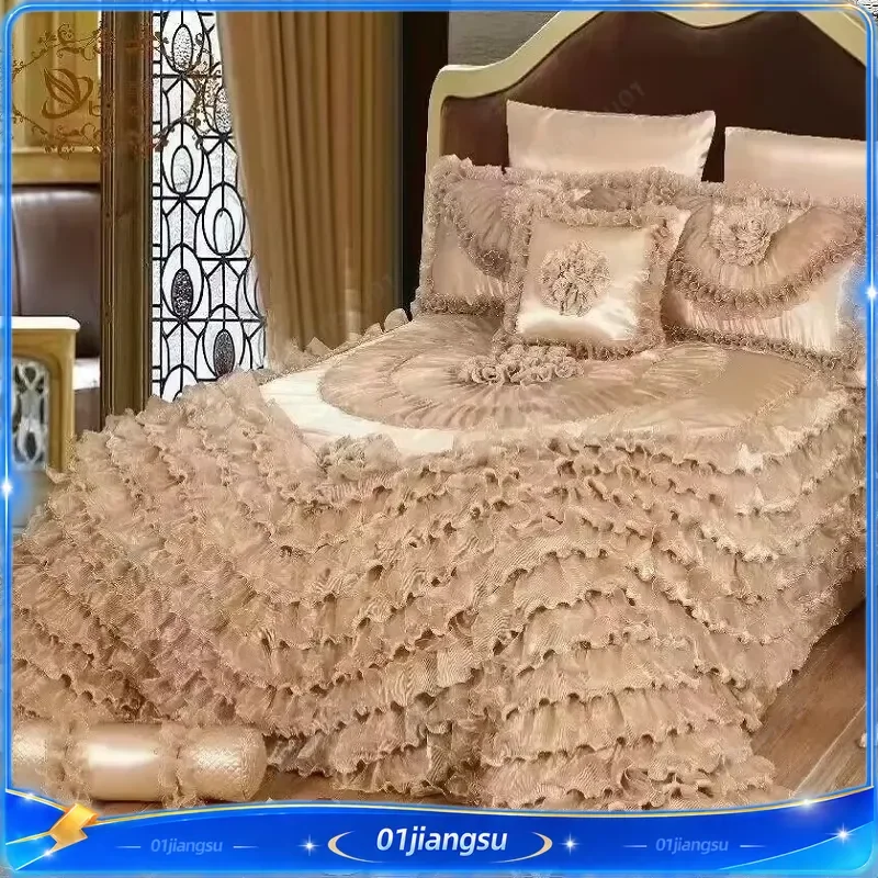 Luxury Champagne Jacquard Lace Bedspread Set Stereoscopic Wedding Style Bed Skirt Coverlet Pillowcases Home Textile Decor