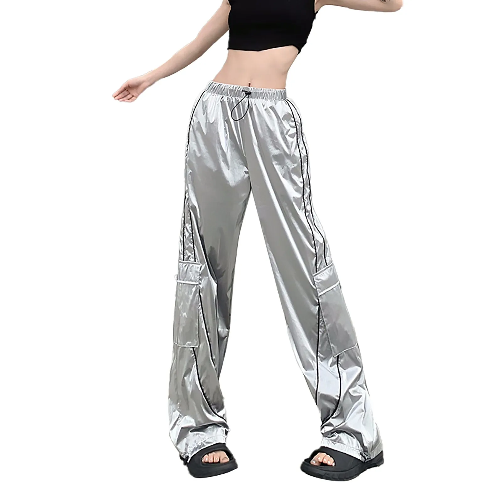 

Y2k Cargo Pants Women Techwear Silver Stripe High Waist Sweatpants Hip Hop Vintage Wide Leg Trousers Lady Joggers Trousers