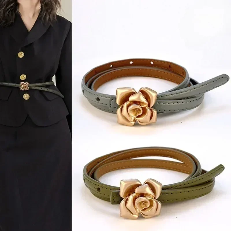 

Women Rose Genuine Leather Belt 105cm Fashion New Unique Gold Belt Cowskin Flower Thin Belts Female Jeans Dress Waistband