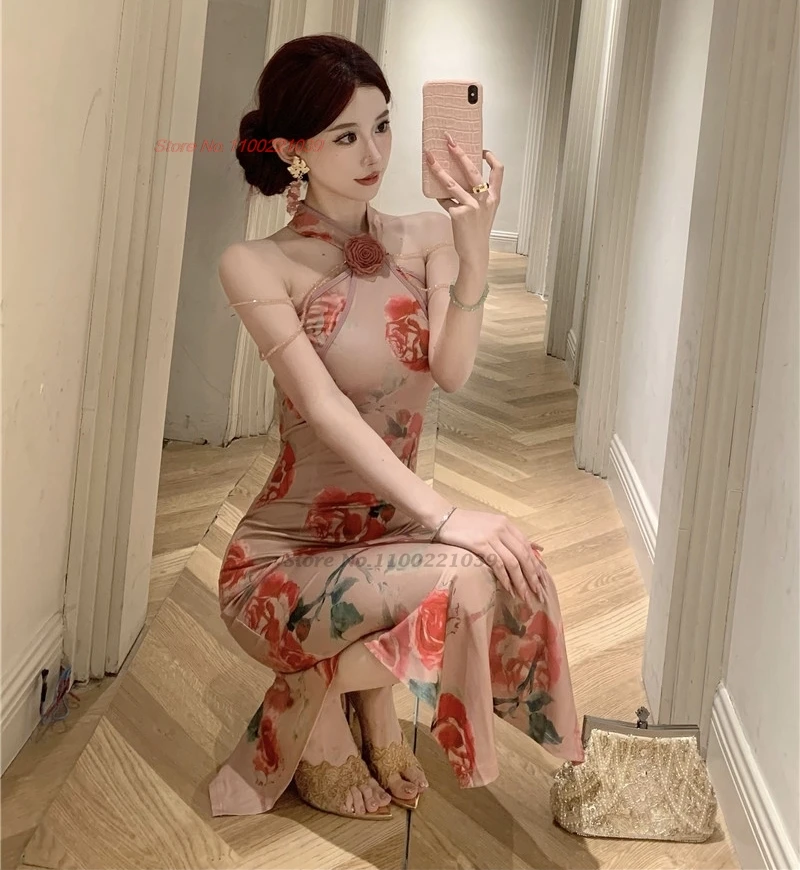 2025 oriental sexy dress improved cheongsam national flower print sleeveless qipao hollow out dress halter bodycon dress qipao