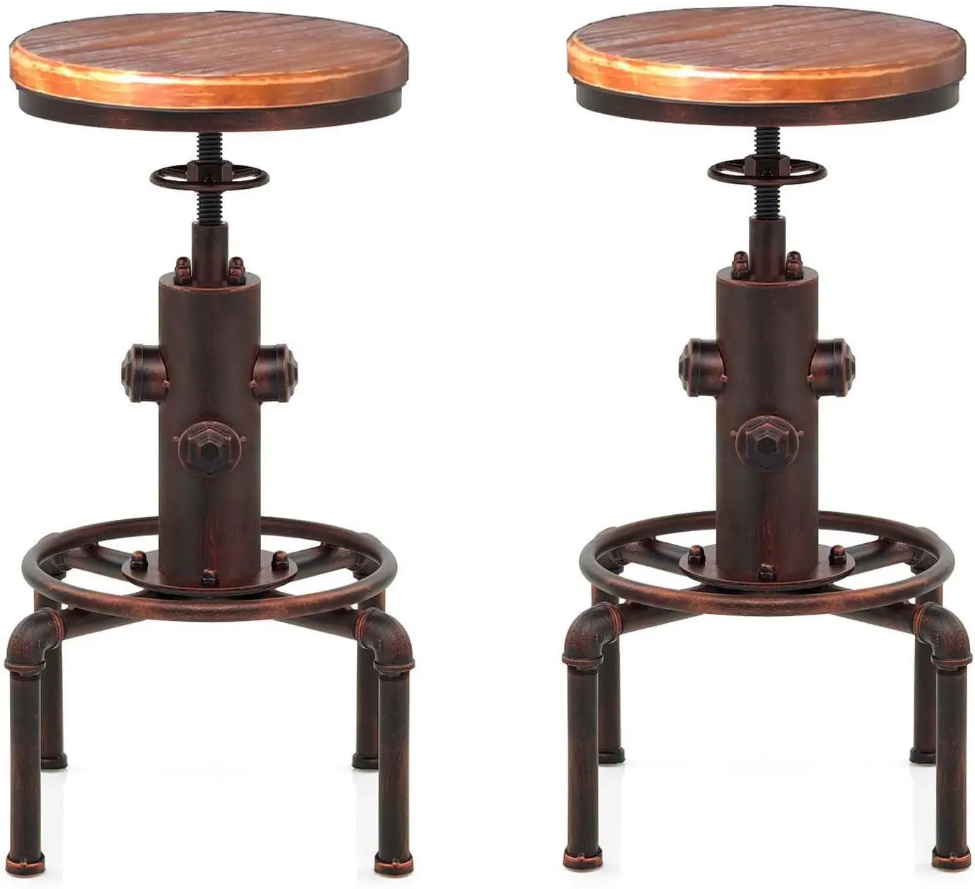 American Antique Vintage Industrial Barstool Solid Wood Water Pipe Fire Hydrant Design Cafe Coffee Industrial Bar Stool Set of 2