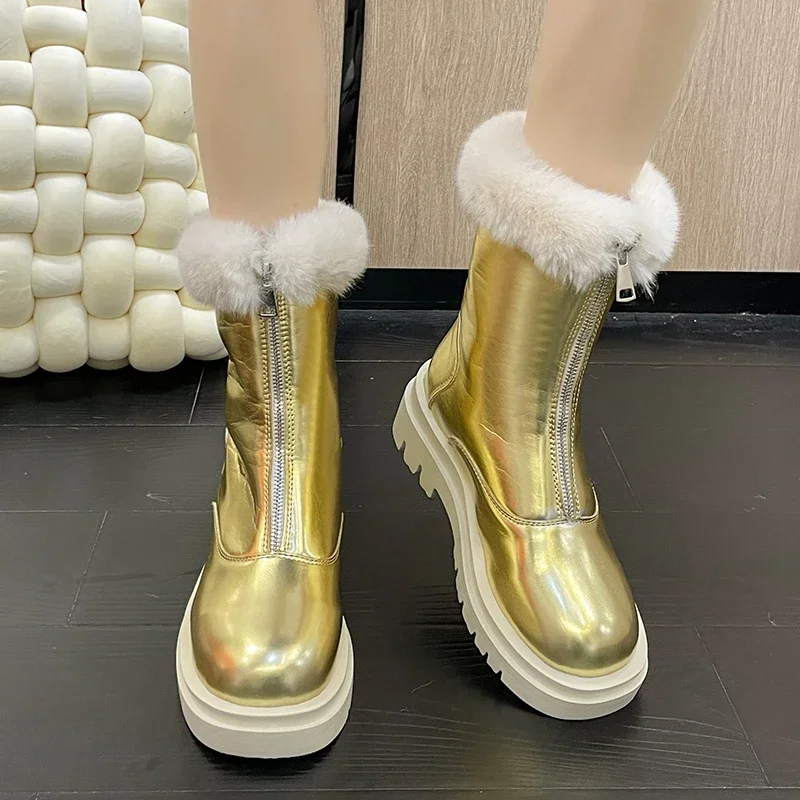 Female Shoes on Sale 2023 New Front Zipper Women's Boots Winter Round Toe Solid Plush Warm Mid Heel Water Proof Fashion Boots