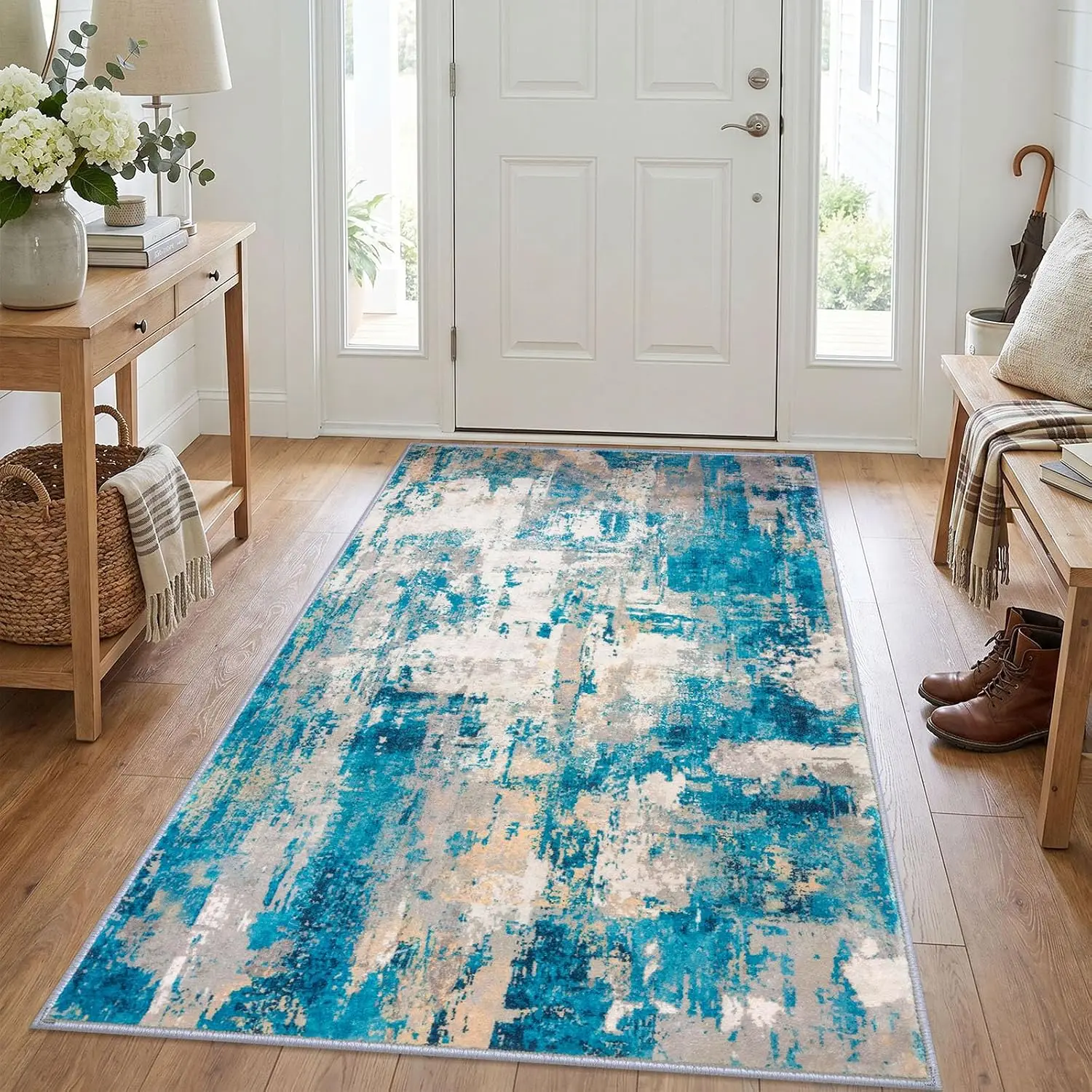 Turquoise Beige Grey Yellow Abstract Modern Washable Rug, Soft Non-Slip Carpet for Kitchen Entryway Living Room