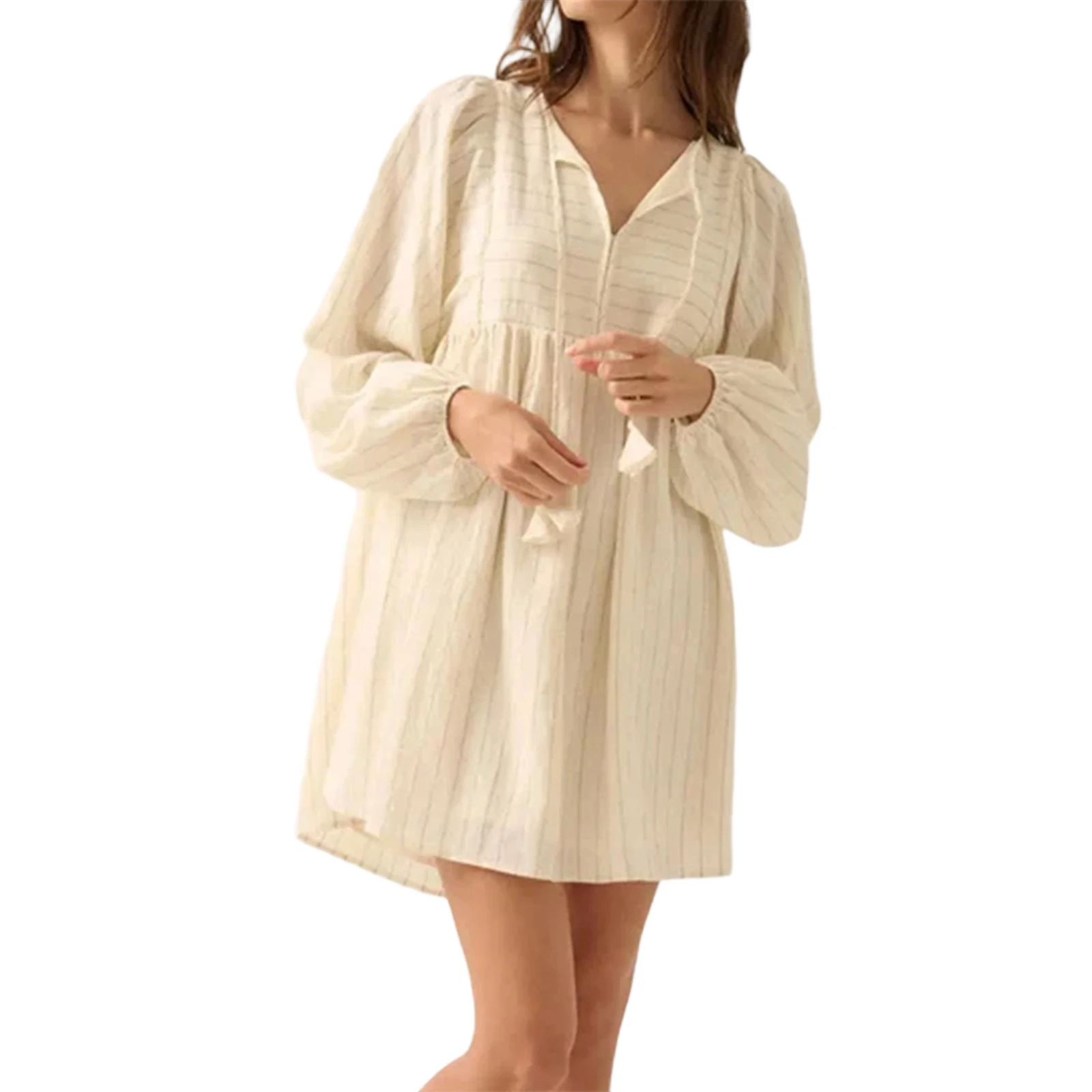 

Женская ночная рубашка Babydoll, одежда для сна с длинным рукавом и V-образным вырезом в полоску с принтом, ночная рубашка, мини-платье для сна