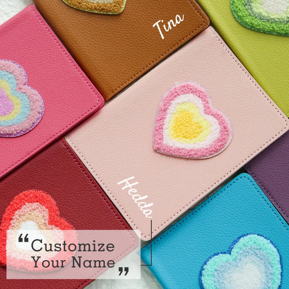 Custom Name Plush Heart Rainbow Patch Passport Cover Personalized Pu Leather Cute Travel Credit Card Holder Passport Wallet