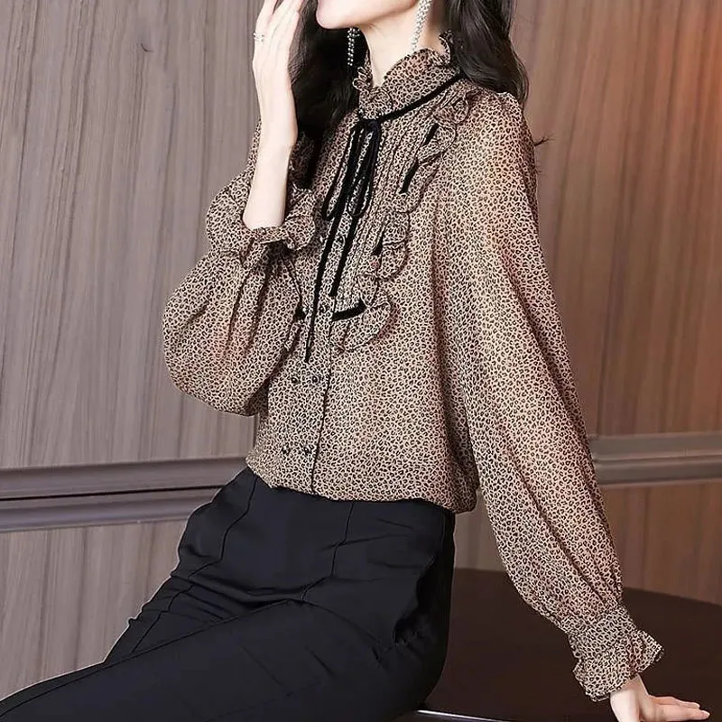 Vintage Mode Losse Luipaardprint Chiffon Shirt 2024 Lente Zomer Plooien Ruches Met Lange Mouwen Elegante Blouses Voor Dames