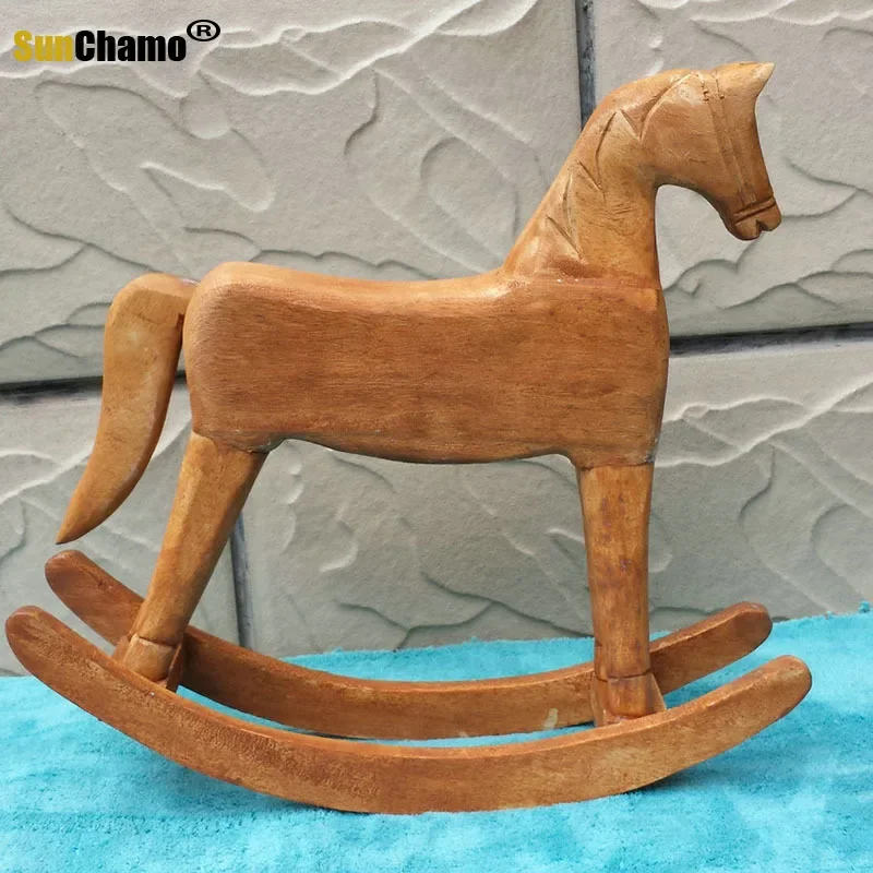 Handcrafted Creative Carving Wooden Rocking Horse, Childhood Gift or Home Decor, Mediterranean-style Figurine & Miniature