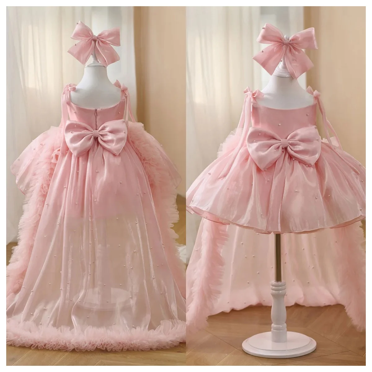 

Custom luxury girls embroidered mesh flower girl dress puff sleeves sequin cascading ruffles trailing prom dress 2026 wedding