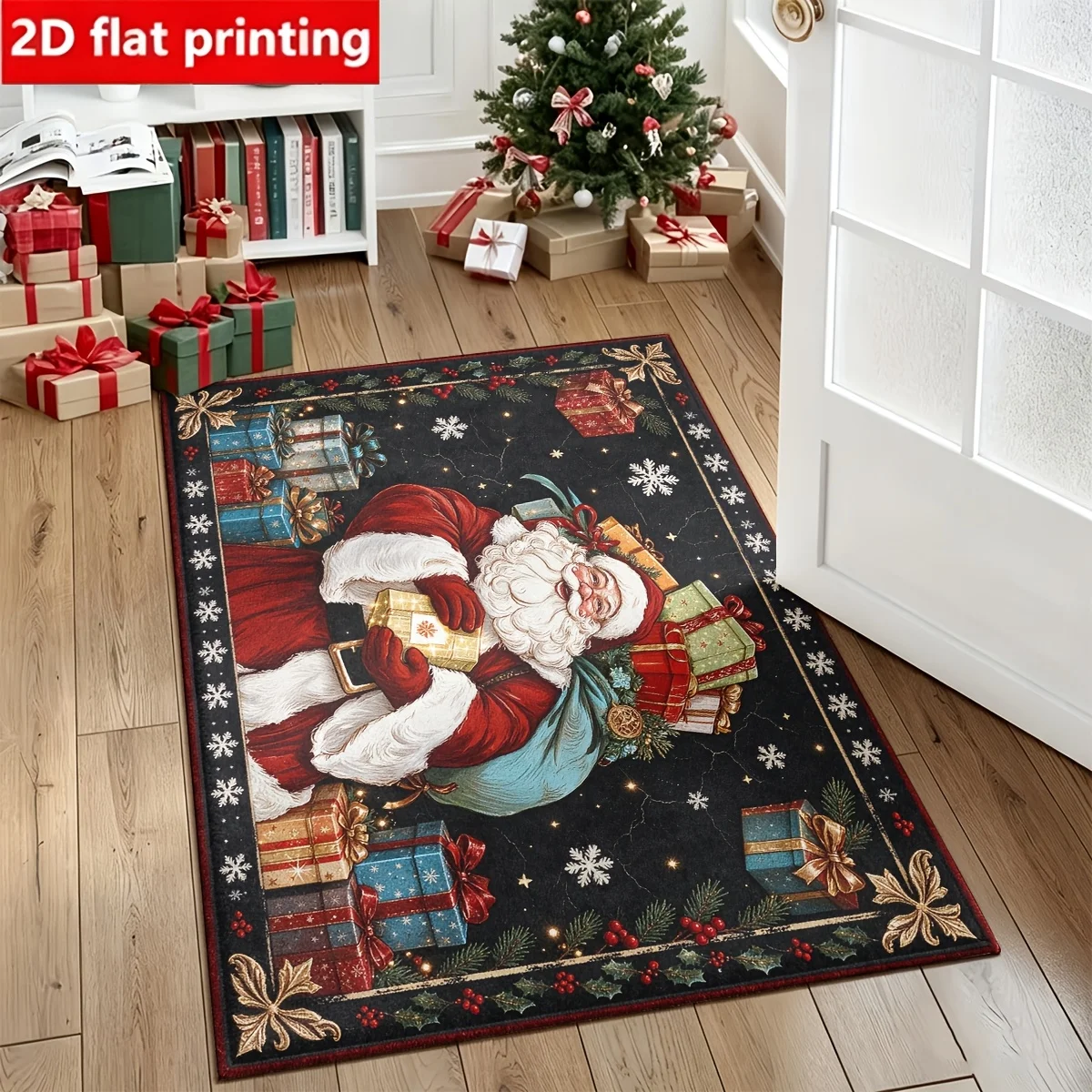 1pc 2D Flat Vintage Santa Claus Gift Box Snowflake Christmas Printed Floor Mat, Decorative Rug for Living Room, Bedroom, Home