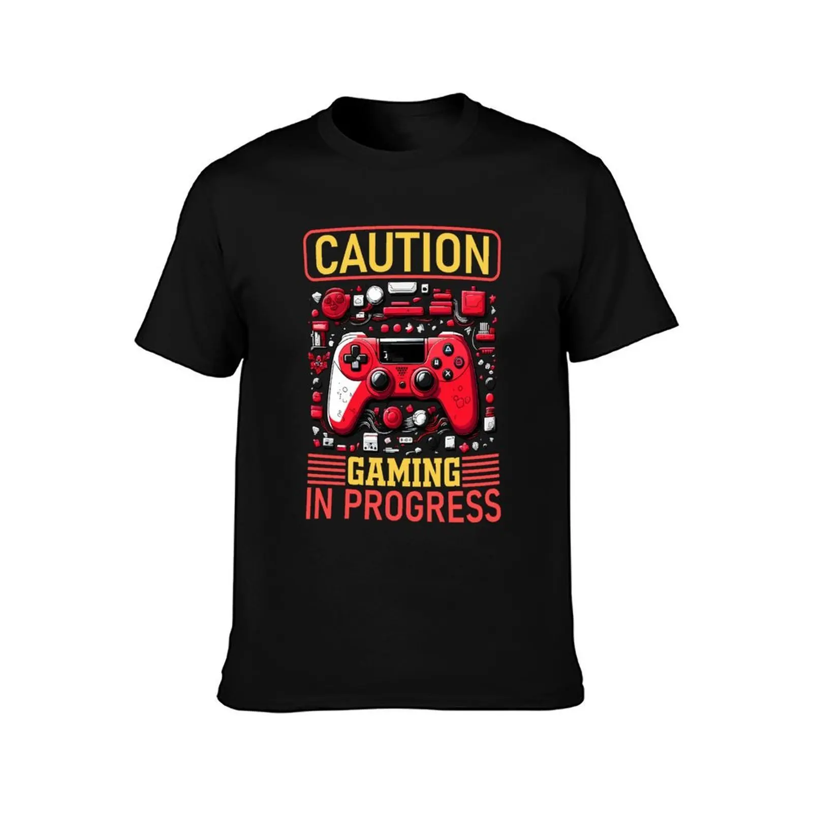 caution gaming in progress T-Shirt, Summer Casual Cotton Tee, Oversized Streetwear Tops, Vintage Graphic Print, Unisex Men Women