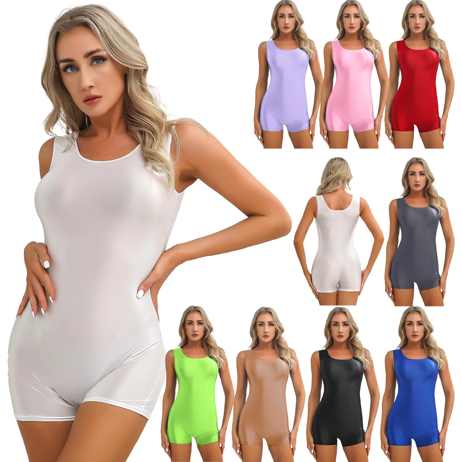 Womens Glossy Exercises Bodysuit Short Sleeveless Solid Color Stretchy U Neck Jumpsuit for Yoga Dance Workout Swimming