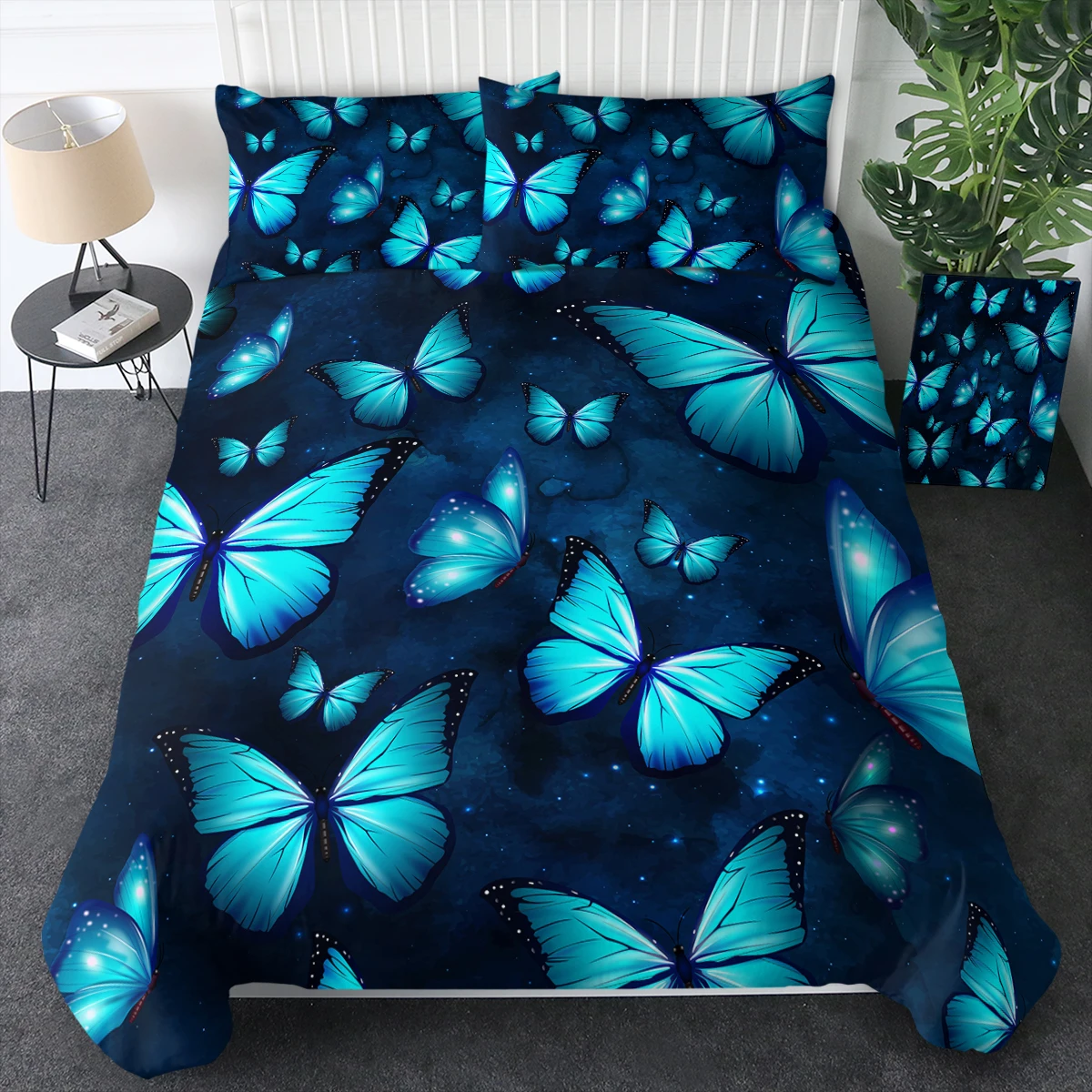 3 Piece Unique Blue Luminous Butterfly Design Bedding Set Comfortable Duvet Cover Set For Kids and Adults Home Decor