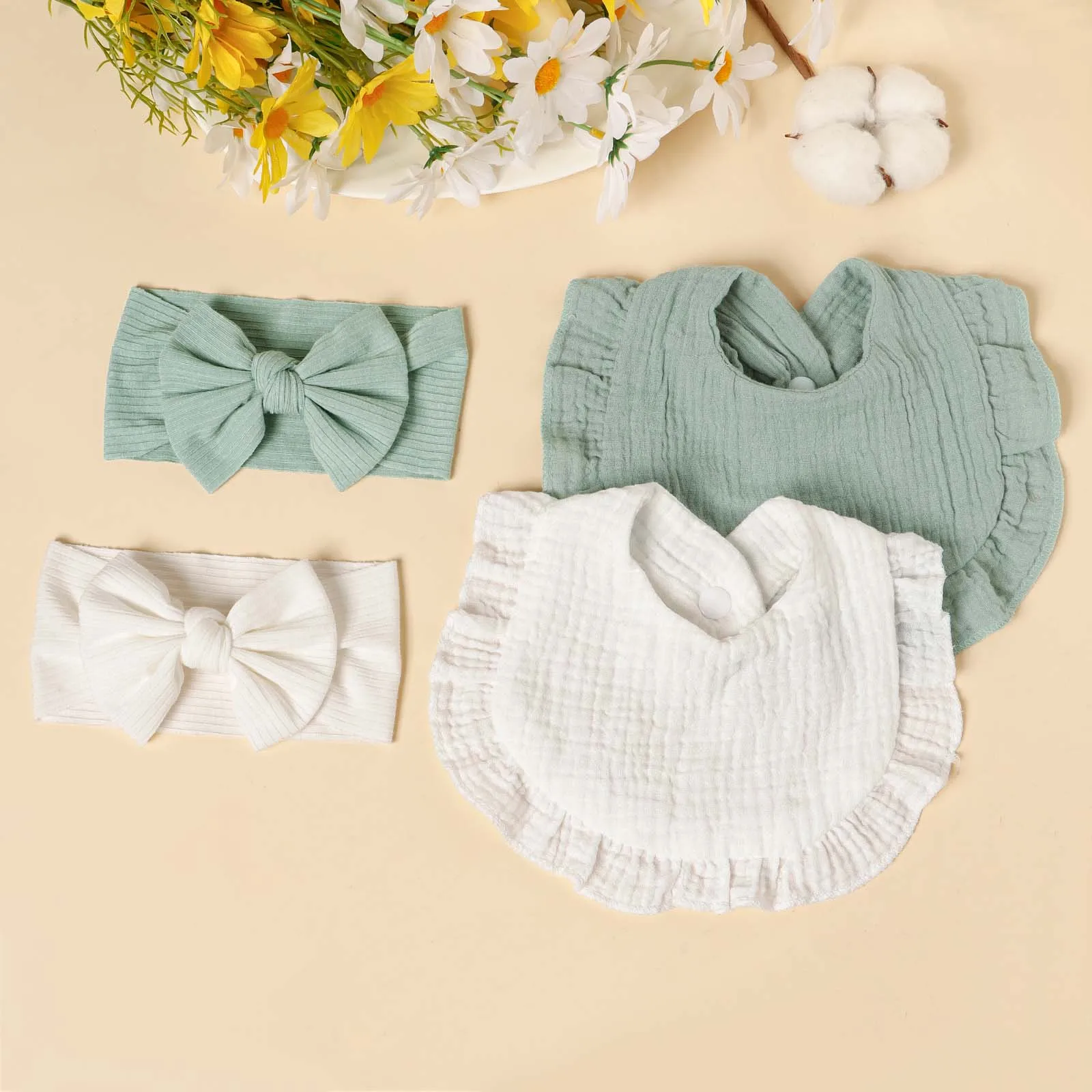 2pcs Baby Bow Headband Bib Set Strips Bow Hair Accessory For Girl Ruffle Edge Feeding Bib Newborn Gift Set Kid Dress Accessories