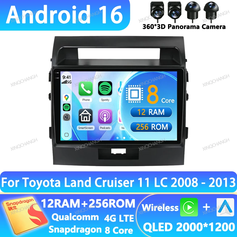 Android 16 Car Radio For Toyota Land Cruiser 11 LC 200 2008 - 2013 Qualcomm Multimedia Video Player GPS BT 4G LTE 5G WIFI QLED