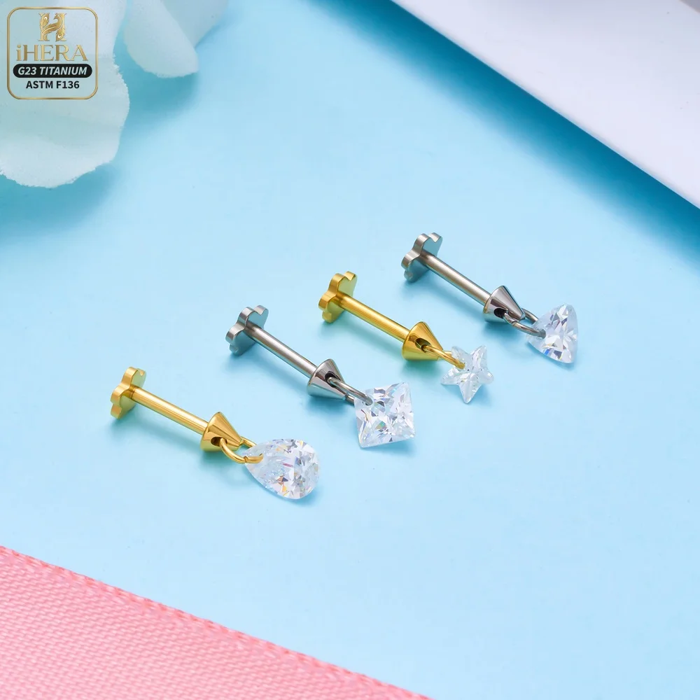 ASTM F136 Titan Gewindelose Dangle Star Pear Triangle CZ Blumen Flat Back Labret Lippen-, Ohr-, Tragus-, Helix-, Knorpelpiercing-Set – Detail 22
