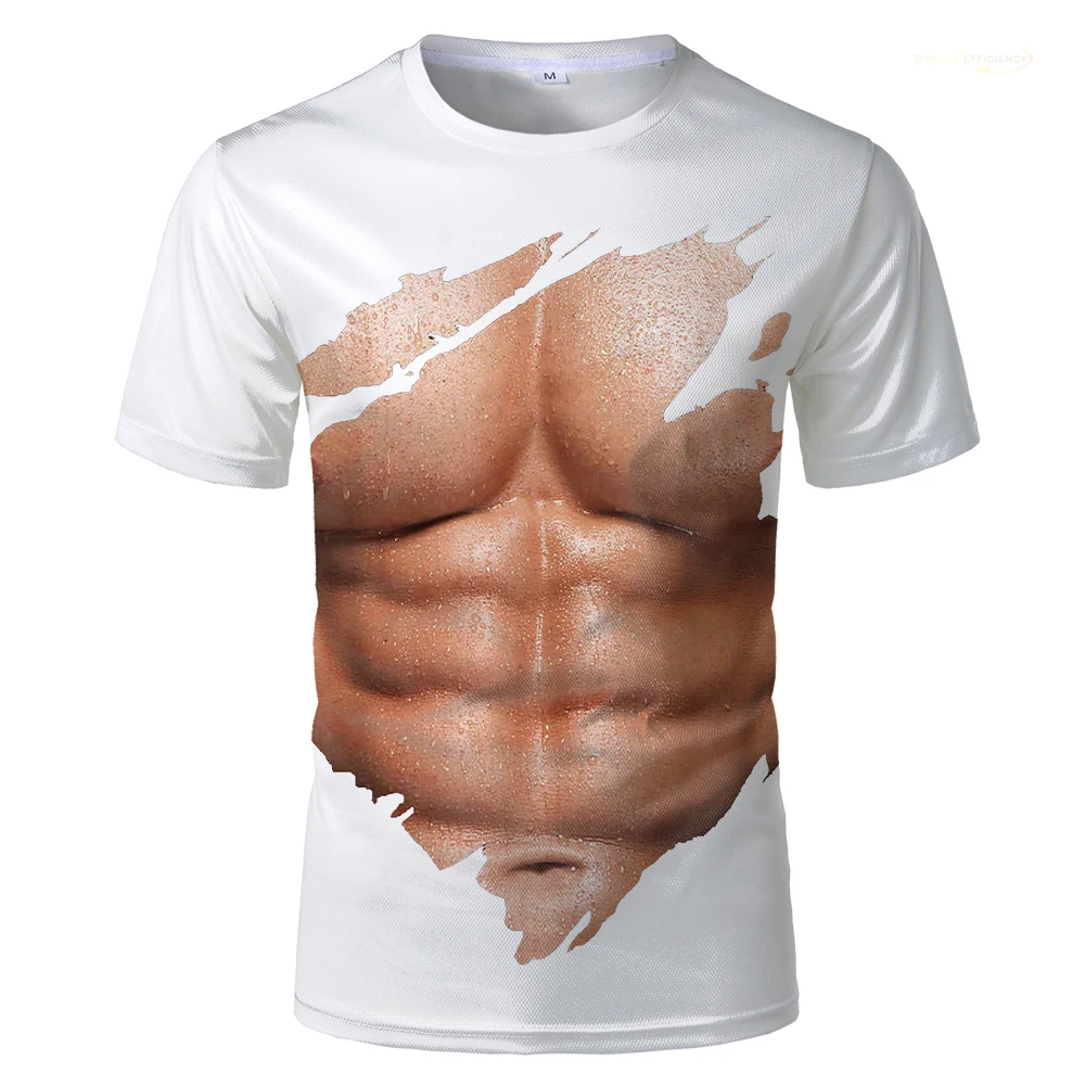 2024   Funny Fake Muscle Strong 3D Printed T-Shirt Men Fashion Casual Sports Short Sleeve Tee Streetwear Cosplay Fake Abs Tops