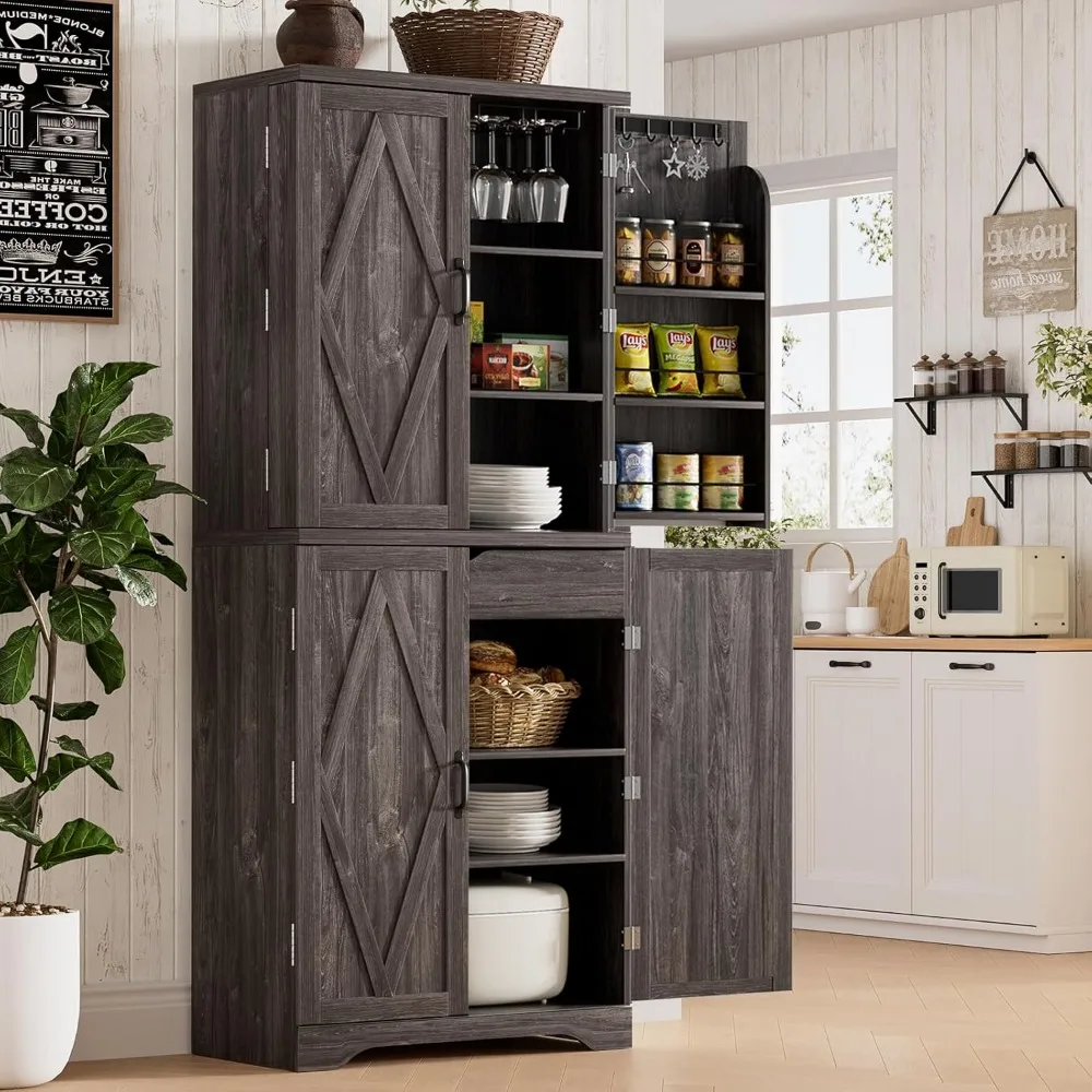 

Kitchen Pantry Cabinet, 71”Tall Storage Cabinet with Glasses Rack, 10 Hooks, 6 Door Shelves, Freestanding Cupboard with Barn Doo