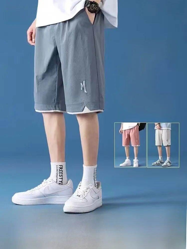 

Collaboration Men's Summer Thin Qui Dry Beach Five-Quarter Loose Fit Spor Mid-Length orts Polyester Fiber Straight Leg