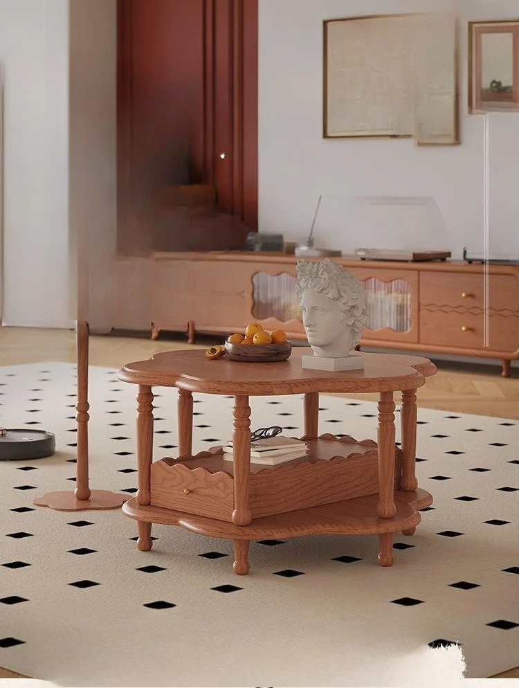Ash wood solid wood coffee table bedroom combination small apartment double-layer living room home retro petal
