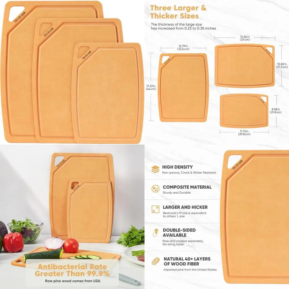 

Набор разделочных досок из древесного волокна, трехкомпонентные разделочные доски с канавкой для сока, можно мыть в посудомоечной машине, нетоксичные, без BPA, большие S