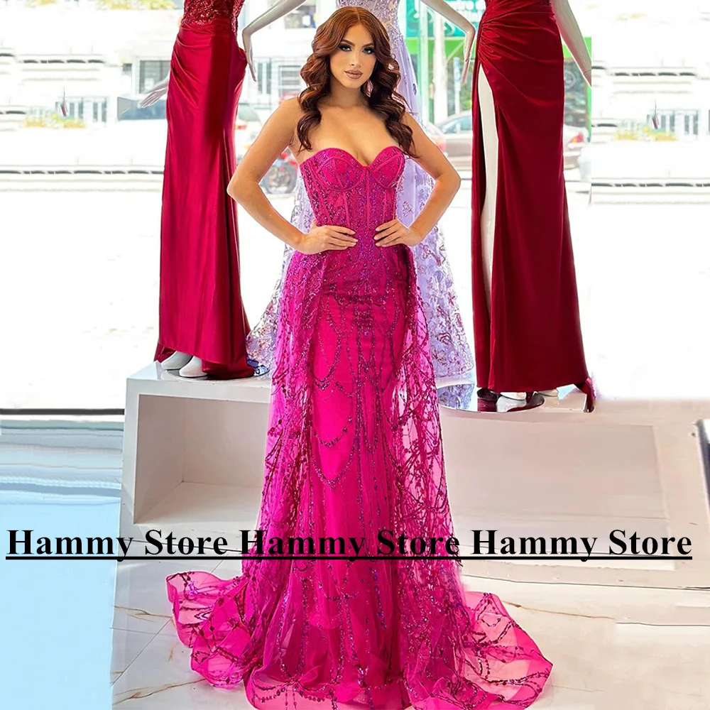 Fuchsia Mermaid Evening Dress Detachable Skirt Customized Sweetheart Sleeveless Lace Arab Prom Dresses Women Party Gown