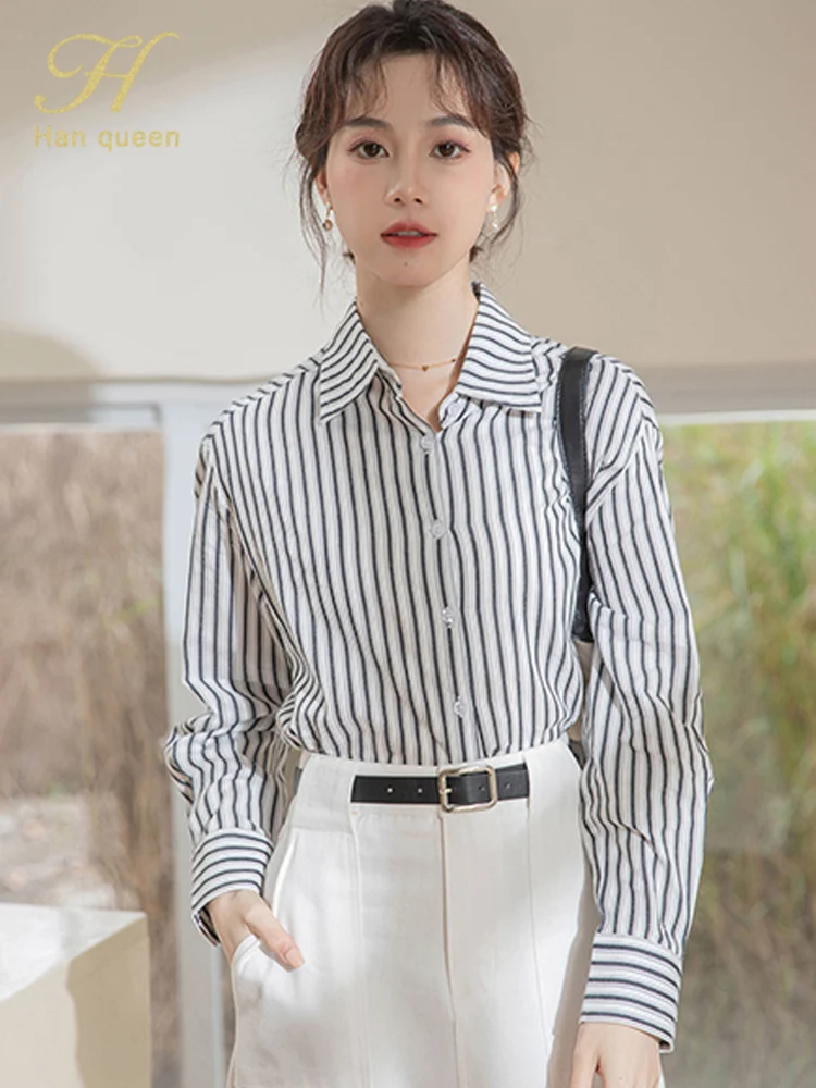 

H Han Queen Autumn Chiffon Stripes Women Blouse Vintage Work Casual Top Elegant Loose Long Sleeve Business Shirt Clothing Female