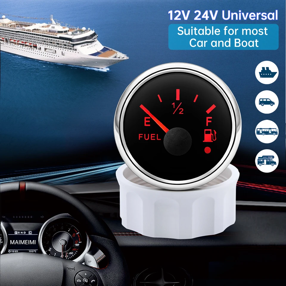 52mm Brandstofniveaumeter – 0-190 Ohm – 12V/24V – Met Rode Of Gele Achtergrondverlichting – IP67 Waterdicht – Voor Boot, Camper, Truck En Auto