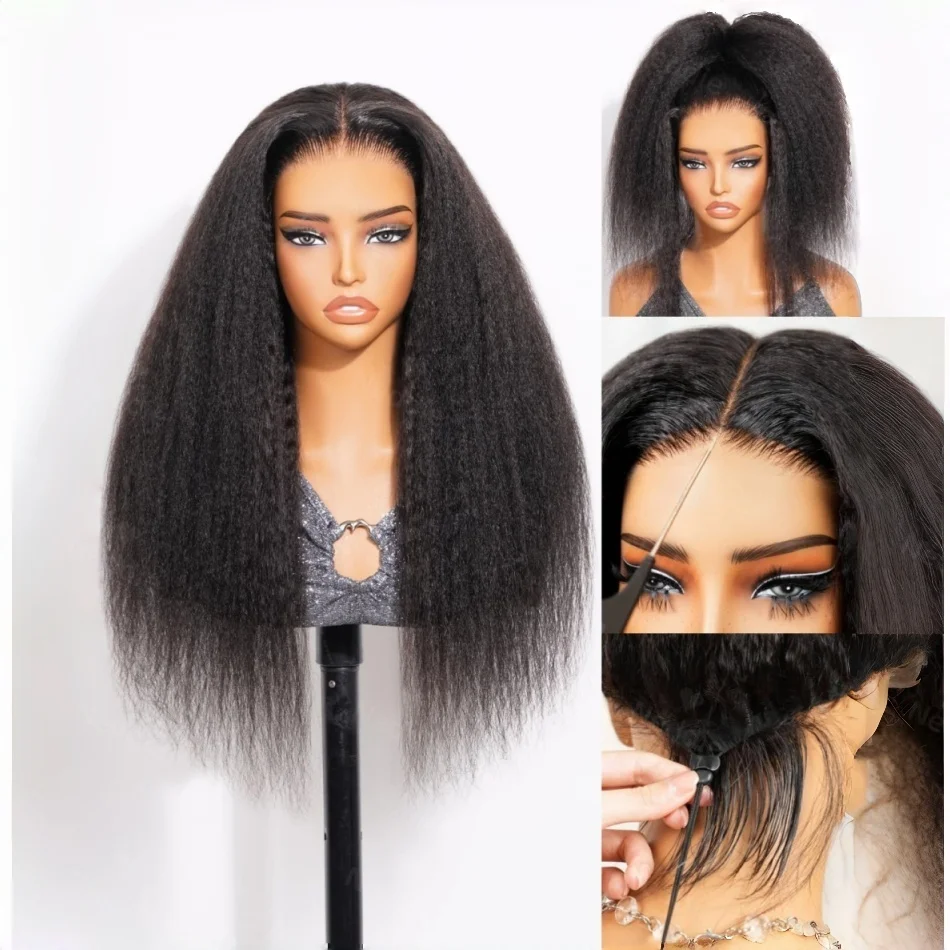 

Natural Kinky Straight Half Wig Human Hair Glueless Wig Human Hair Ready to Wear 3 IN 1 Half Wig Invisible Drawstring 38 Inch