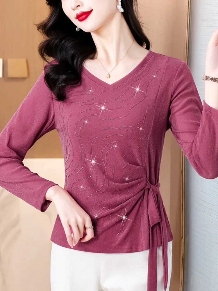 Autumn New Elastic Mesh Long Sleeved With Versatile Temperament, Slimming And Drawstring Design, Solid Color Rhinestone V-Neck