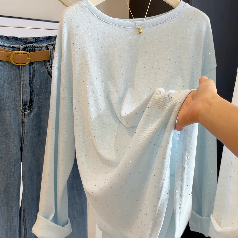 

Diamond Long Sleeved T-shirt Women Summer Lightweight Thin Pullover Tops Ladies Sparkly Rhinestone Tee Sun Protection T-Shirts