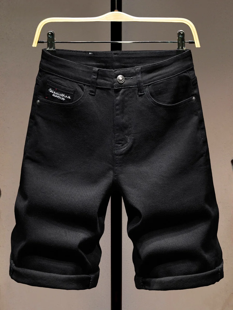 

Ele Bla Elastic Denim orts Men's Trendy Spattered Ink Straight Leg Five-Quarter Summer Thin Faionable Mid-Length