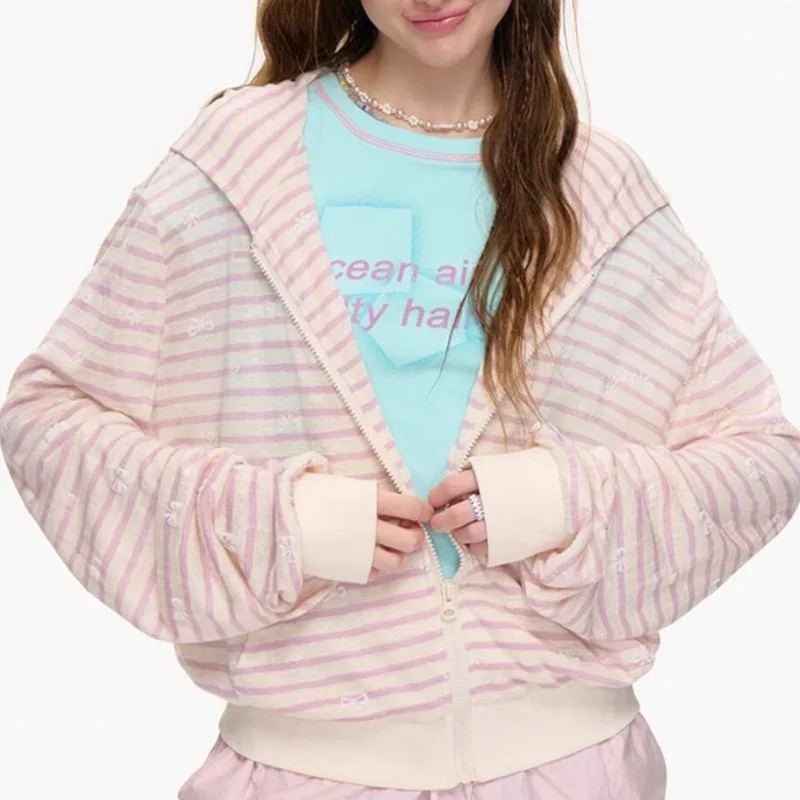 

College-style Casual Loose Outerwear American Retro All Match Zipper Sweatshirt Street Sweet Bow Design Hooded Coats Female Top