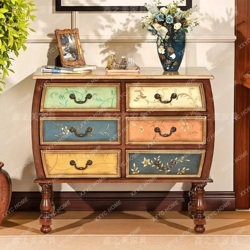 

Rural Solid Wood Dining Side Cabinet Pastoral Painted Storage Six-bucket Cabinet Home Sofa Partition Side Cabinet