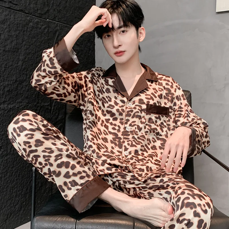 

26 Spring Autumn Fashion Leopard Print Causal Men's Pajamas Unisex Luxury Homewear Long Sleeve Pants 2piece Set Nightgown